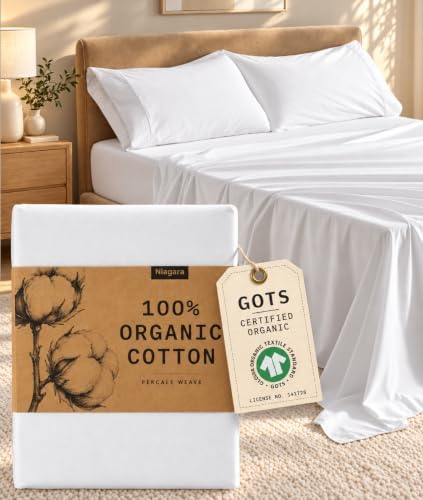 100% Organic Cotton Percale Bed Sheets, set of 4, White